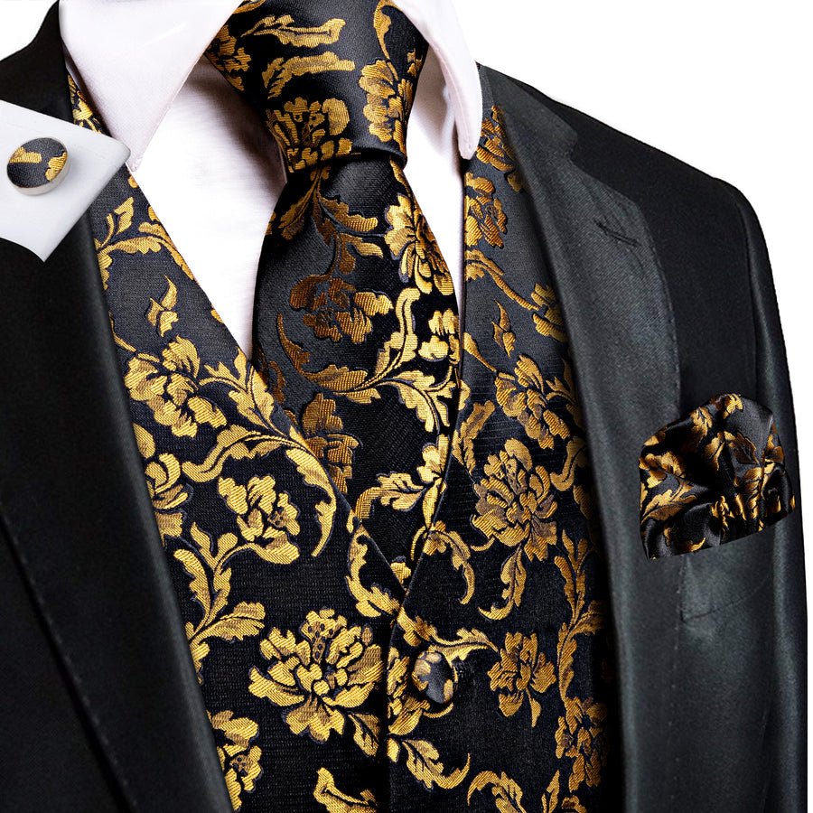 Black and Gold Peony Flower Vest Set vest set S (Chest 40")   - Sophisticated Gentlemen