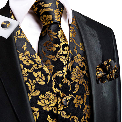Black and Gold Peony Flower Vest Set vest set S (Chest 40")   - Sophisticated Gentlemen