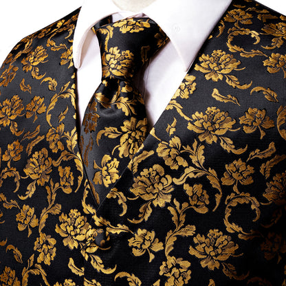 Black and Gold Peony Flower Vest Set vest set    - Sophisticated Gentlemen