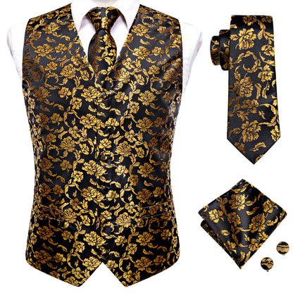 Black and Gold Peony Flower Vest Set vest set    - Sophisticated Gentlemen