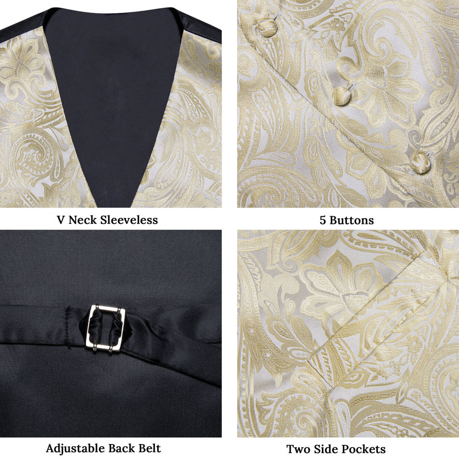 Beige Paisley Floral Silk Vest Set - 4 Piece vest set    - Sophisticated Gentlemen