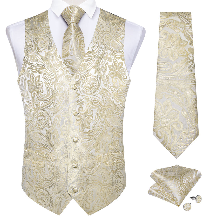 Beige Paisley Floral Silk Vest Set - 4 Piece vest set    - Sophisticated Gentlemen