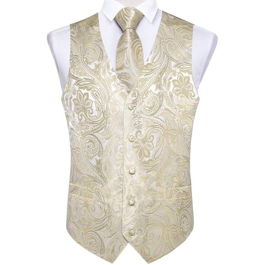 Beige Paisley Floral Silk Vest Set - 4 Piece vest set    - Sophisticated Gentlemen
