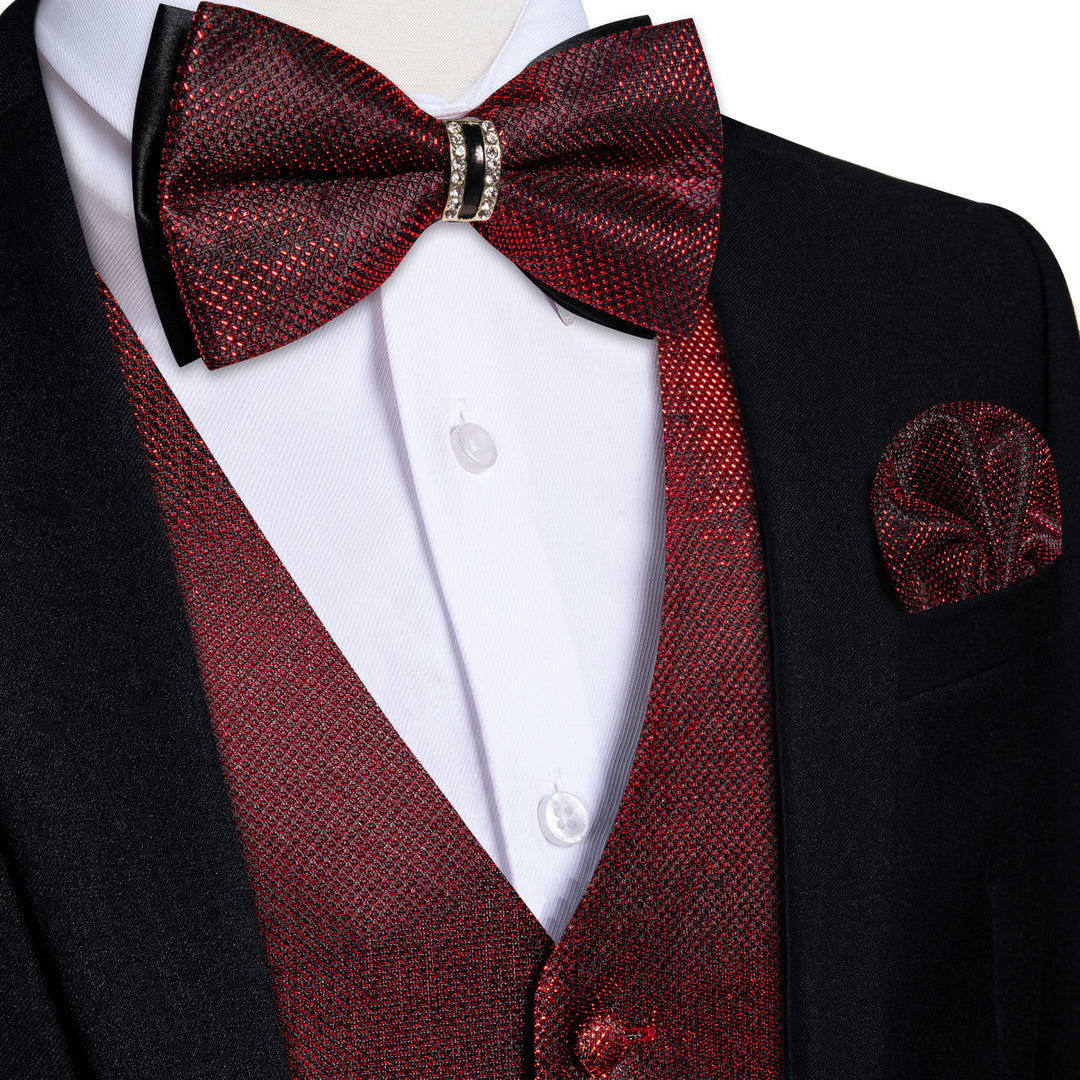 Burgundy Red Shiny Vest Set with Matching Bow Tie, Hanky, and Cufflinks vest set S (Chest 40)   - Sophisticated Gentlemen