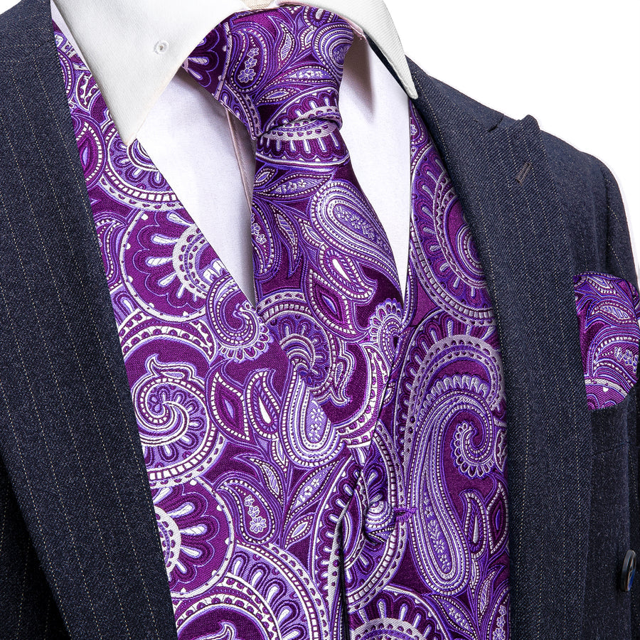 Luxury Purple Paisley Silk Vest Set vest set S (Chest 40")   - Sophisticated Gentlemen