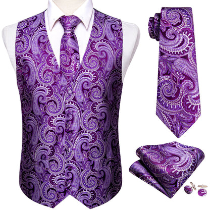 Luxury Purple Paisley Silk Vest Set vest set    - Sophisticated Gentlemen