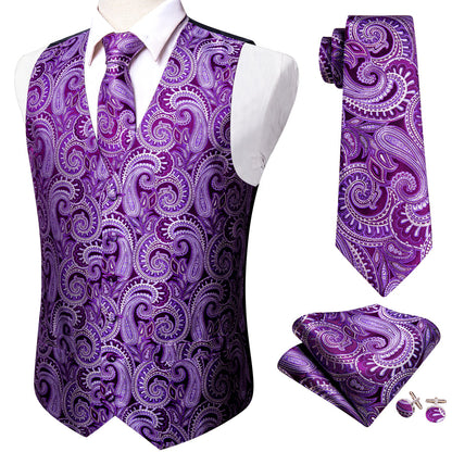 Luxury Purple Paisley Silk Vest Set vest set    - Sophisticated Gentlemen