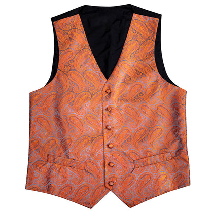 Deep Orange Paisley Silk Vest Set vest set    - Sophisticated Gentlemen