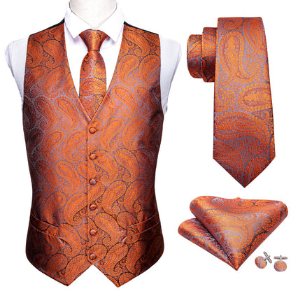 Deep Orange Paisley Silk Vest Set vest set    - Sophisticated Gentlemen