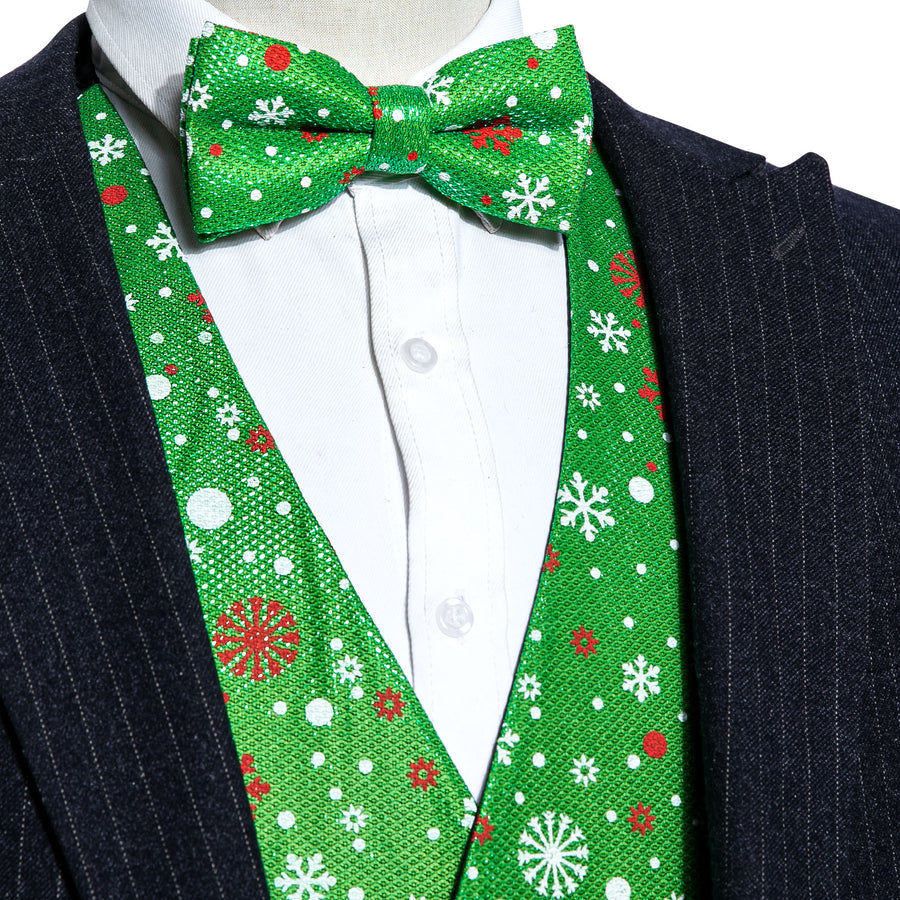 Green Christmas Snow Silk Bow Tie & Vest Set vest set S (Chest 40") - Sophisticated Gentlemen