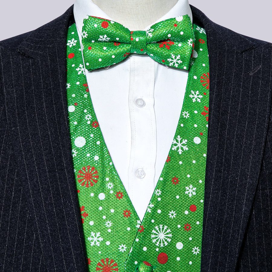 Green Christmas Snow Silk Bow Tie & Vest Set vest set - Sophisticated Gentlemen