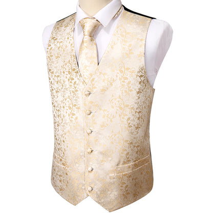 Elegant Champagne Floral Silk Vest Set vest set - Sophisticated Gentlemen
