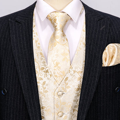 Elegant Champagne Floral Silk Vest Set vest set - Sophisticated Gentlemen