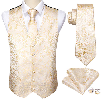 Elegant Champagne Floral Silk Vest Set vest set - Sophisticated Gentlemen