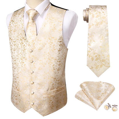 Elegant Champagne Floral Silk Vest Set vest set - Sophisticated Gentlemen