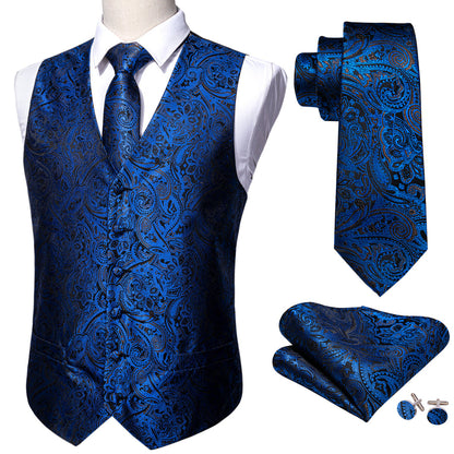 Navy Blue Paisley Silk 4-Piece Vest Set vest set    - Sophisticated Gentlemen
