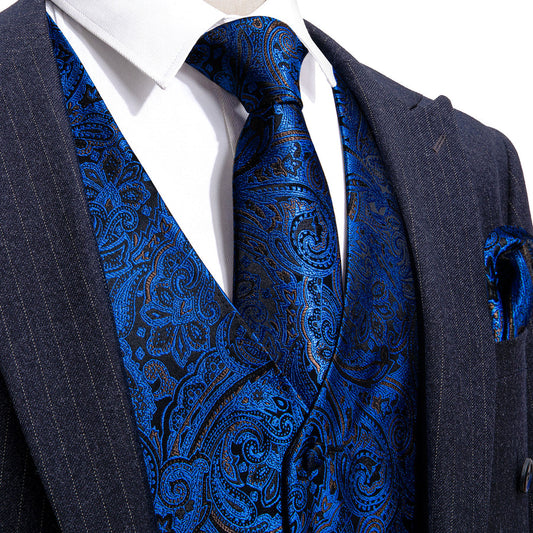 Navy Blue Paisley Silk 4-Piece Vest Set vest set S (Chest 40")   - Sophisticated Gentlemen