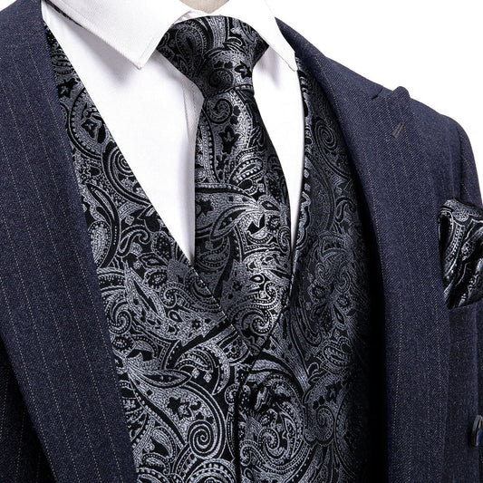 New Silver and Black Paisley Vest Set vest set S (Chest 40")   - Sophisticated Gentlemen