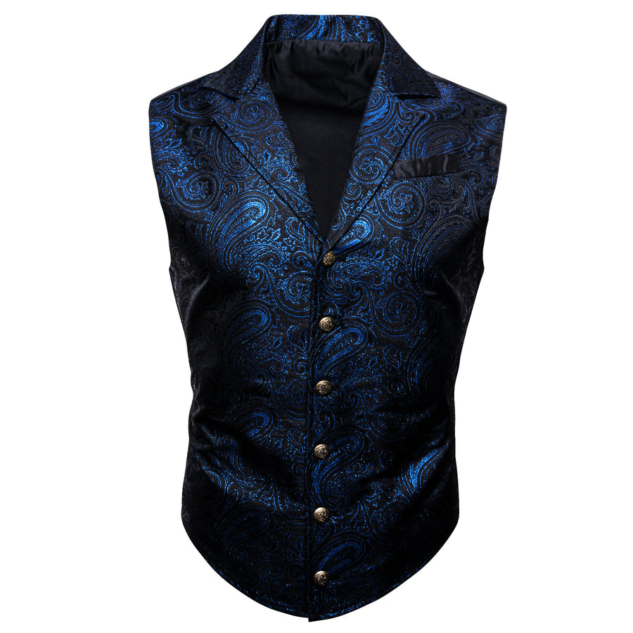Black and Royal Blue Paisley Jacquard Vest M (Chest 42