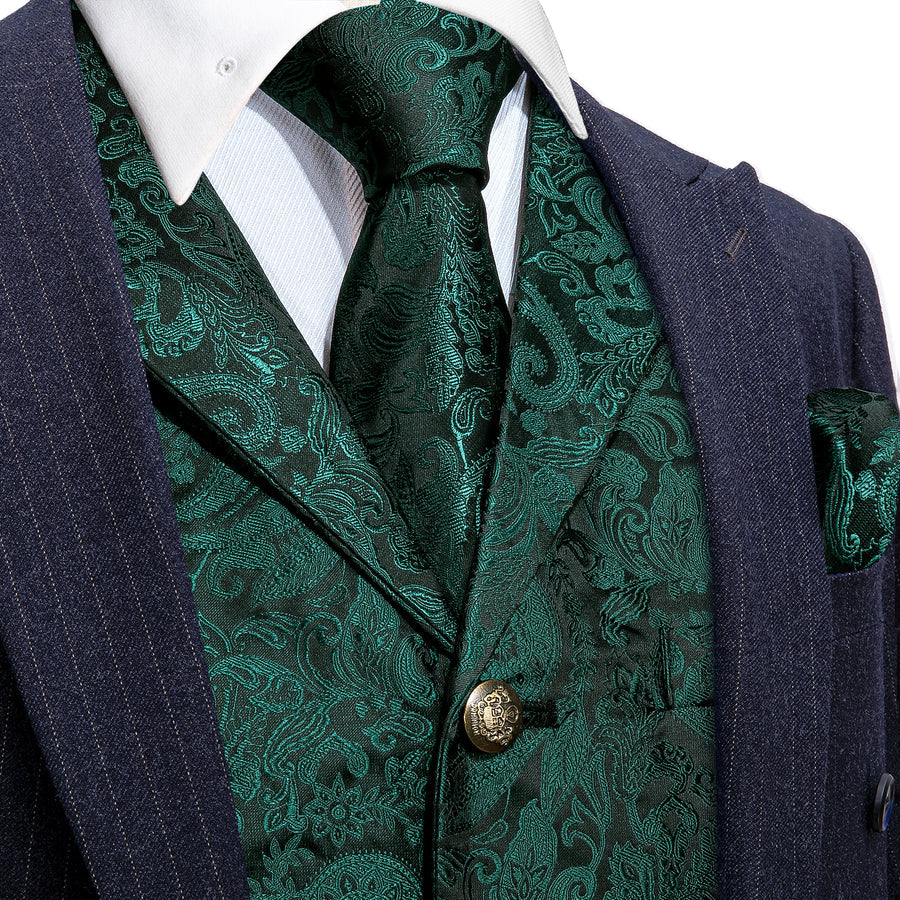 Dark Green Paisley Silk Vest Set with Metal Buttons vest set S (Chest 40")   - Sophisticated Gentlemen