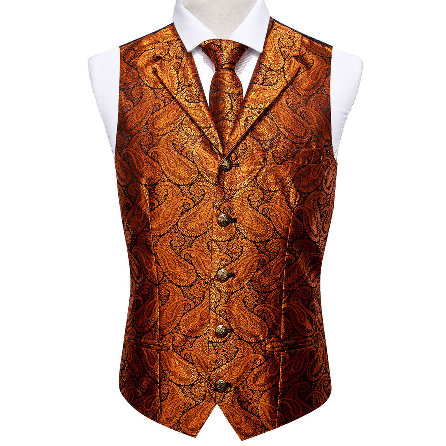 Orange Paisley Silk Vest Set with Metal Buttons vest set    - Sophisticated Gentlemen