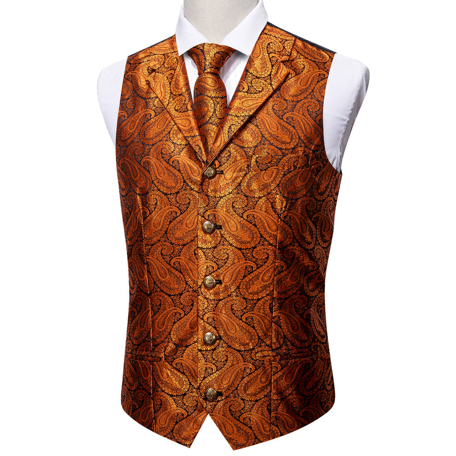 Orange Paisley Silk Vest Set with Metal Buttons vest set    - Sophisticated Gentlemen