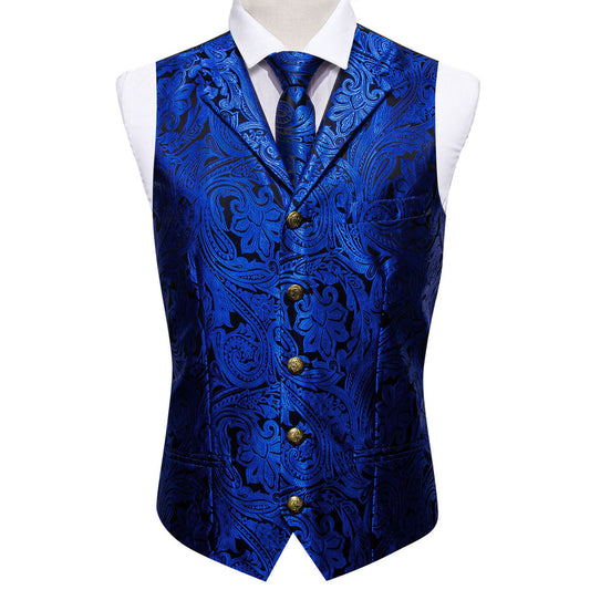 Royal Blue Paisley Jacquard Silk Vest Set with Metal Accents vest set    - Sophisticated Gentlemen