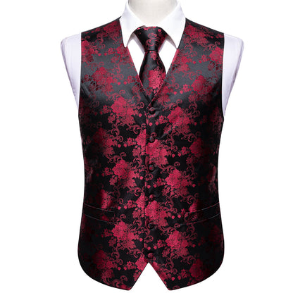 Black and Red Peony Floral Silk Vest Set vest set    - Sophisticated Gentlemen