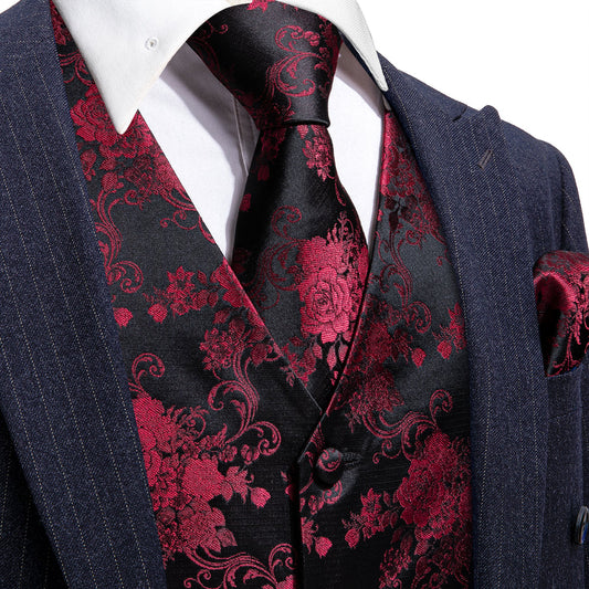 Black and Red Peony Floral Silk Vest Set vest set S (Chest 40")   - Sophisticated Gentlemen