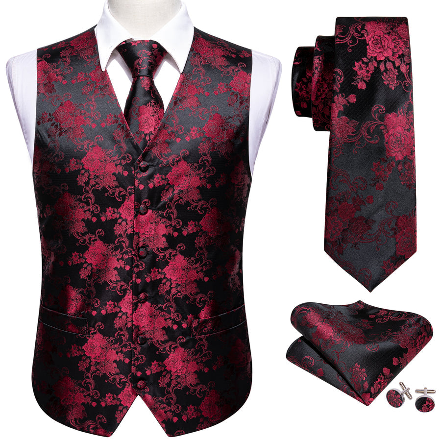 Black and Red Peony Floral Silk Vest Set vest set    - Sophisticated Gentlemen