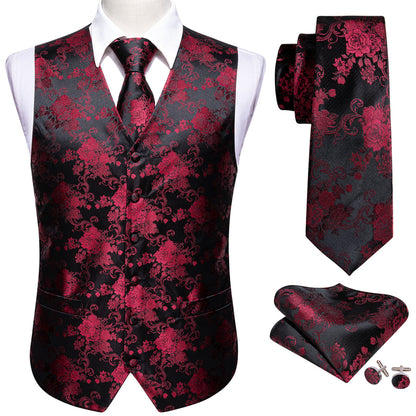 Black and Red Peony Floral Silk Vest Set vest set    - Sophisticated Gentlemen