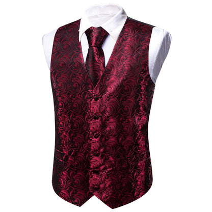 Black and Red Floral Silk Vest Set vest set    - Sophisticated Gentlemen