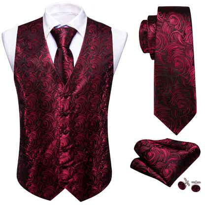 Black and Red Floral Silk Vest Set vest set    - Sophisticated Gentlemen