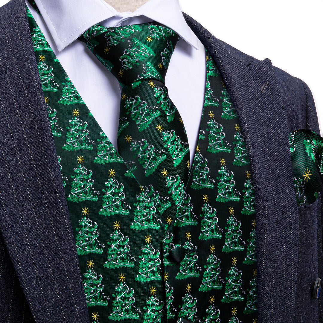 Evergreen Elegance Christmas Tree Silk Tie & Waistcoat Set vest set S (Chest 41) - Sophisticated Gentlemen