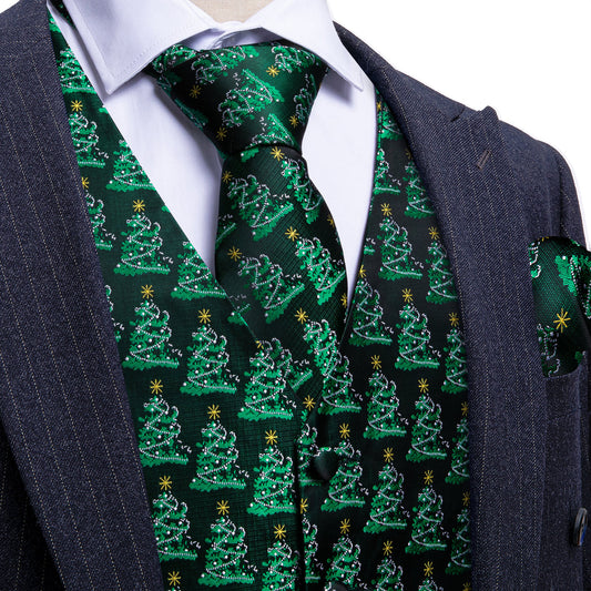 Evergreen Elegance Christmas Tree Silk Tie & Waistcoat Set vest set S (Chest 41) - Sophisticated Gentlemen
