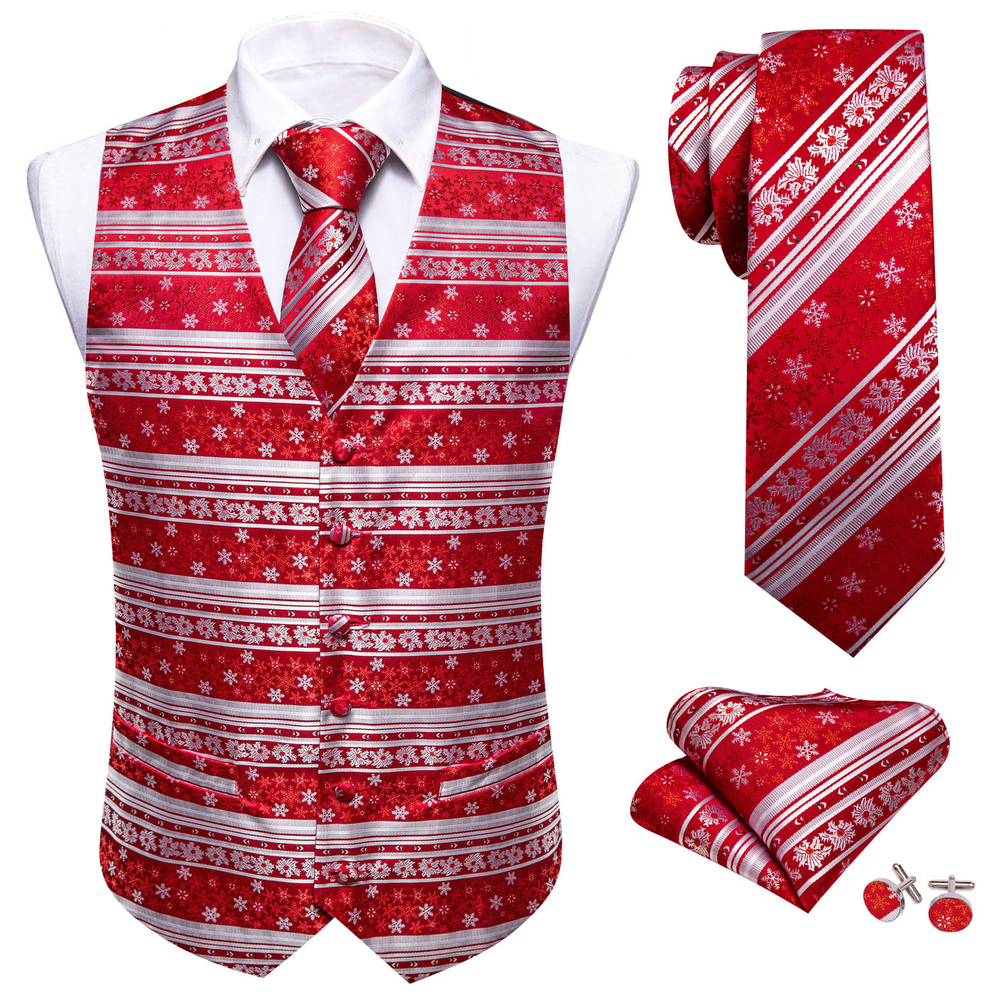 Christmas Red and White Snowflakes Vest Set vest set    - Sophisticated Gentlemen