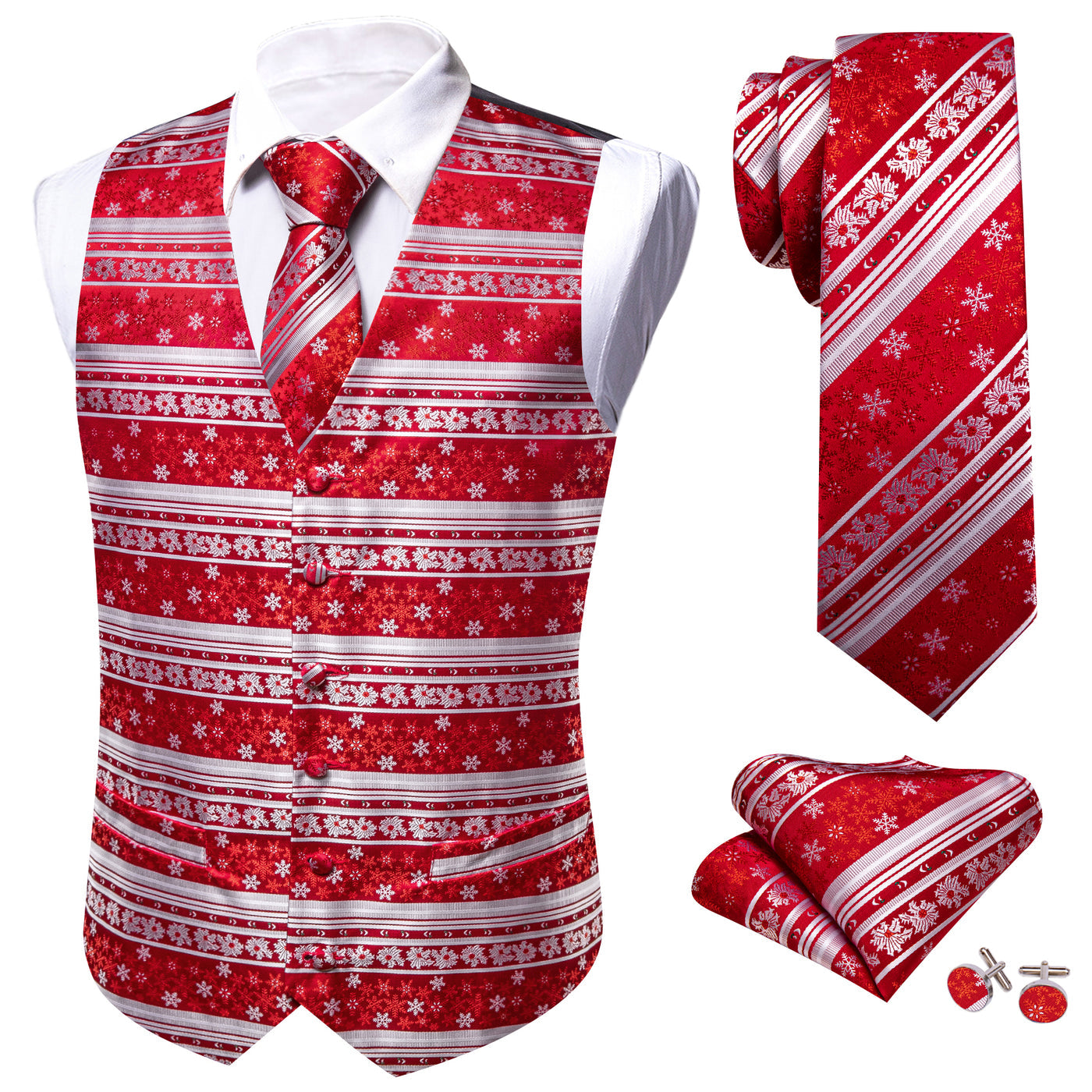 Christmas Red and White Snowflakes Vest Set vest set    - Sophisticated Gentlemen