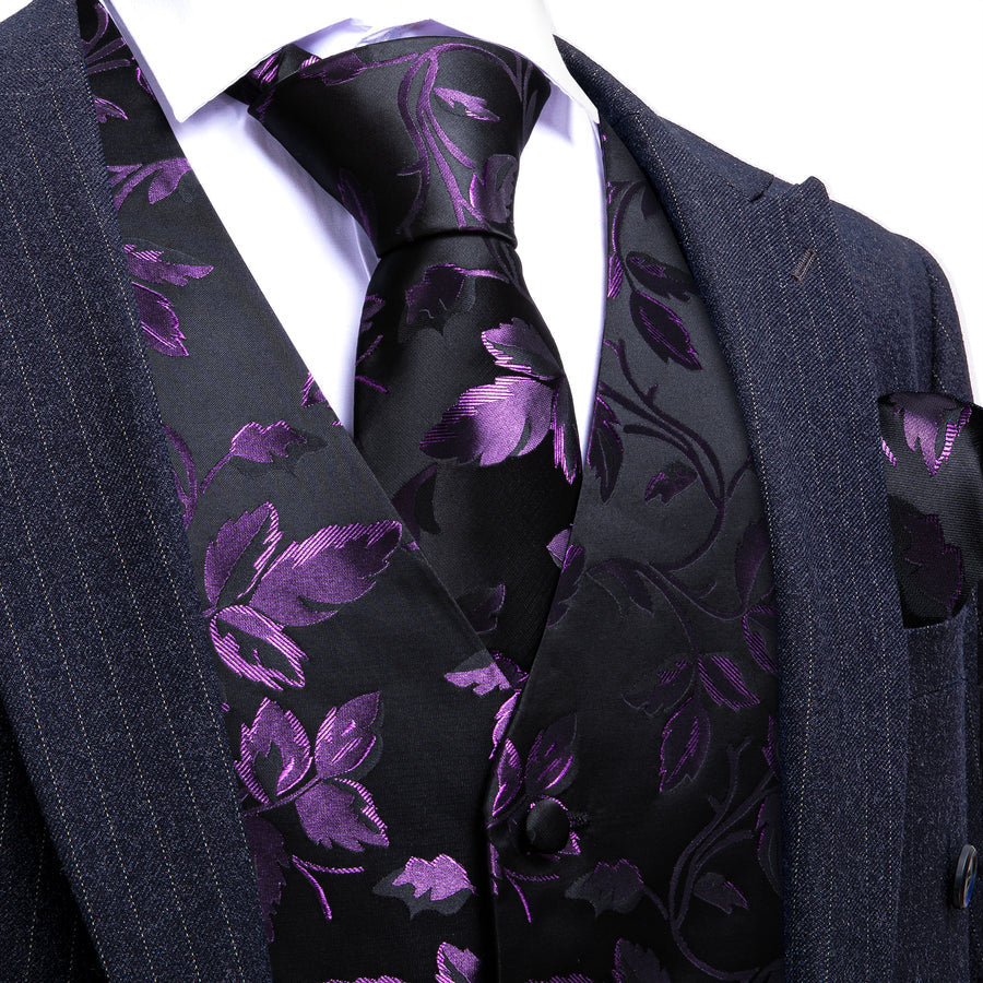 Purple and Black Floral Leaf Silk Vest Set vest set S (Chest 40")   - Sophisticated Gentlemen