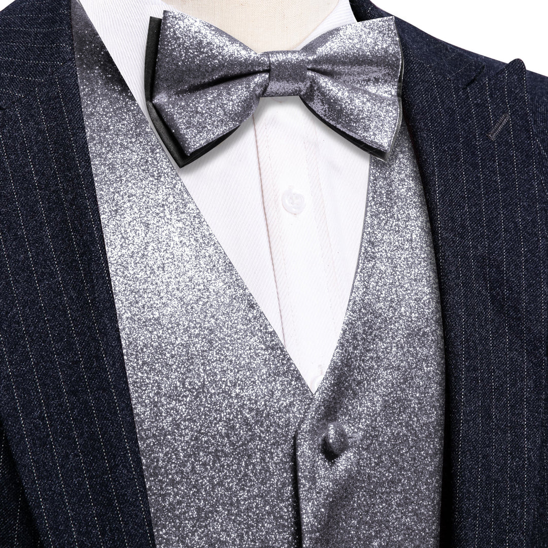 Shining Silver Silk Vest Set Vest set S (Chest 40)   - Sophisticated Gentlemen