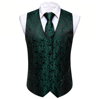 Forest Green & Black Paisley Silk Vest & Bowtie Set vest set - Sophisticated Gentlemen