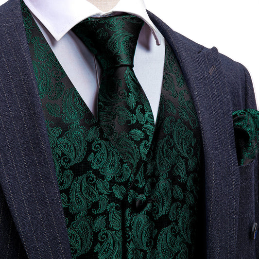 Forest Green & Black Paisley Silk Vest & Bowtie Set vest set S (Chest 40") - Sophisticated Gentlemen
