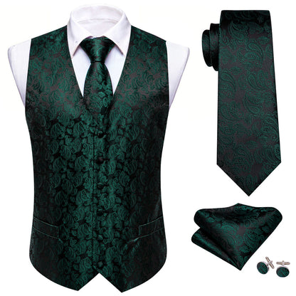Forest Green & Black Paisley Silk Vest & Bowtie Set vest set - Sophisticated Gentlemen