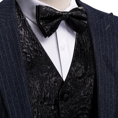 Black Statement Jacquard Silk Bowtie Vest Set vest set S (Chest 40") - Sophisticated Gentlemen