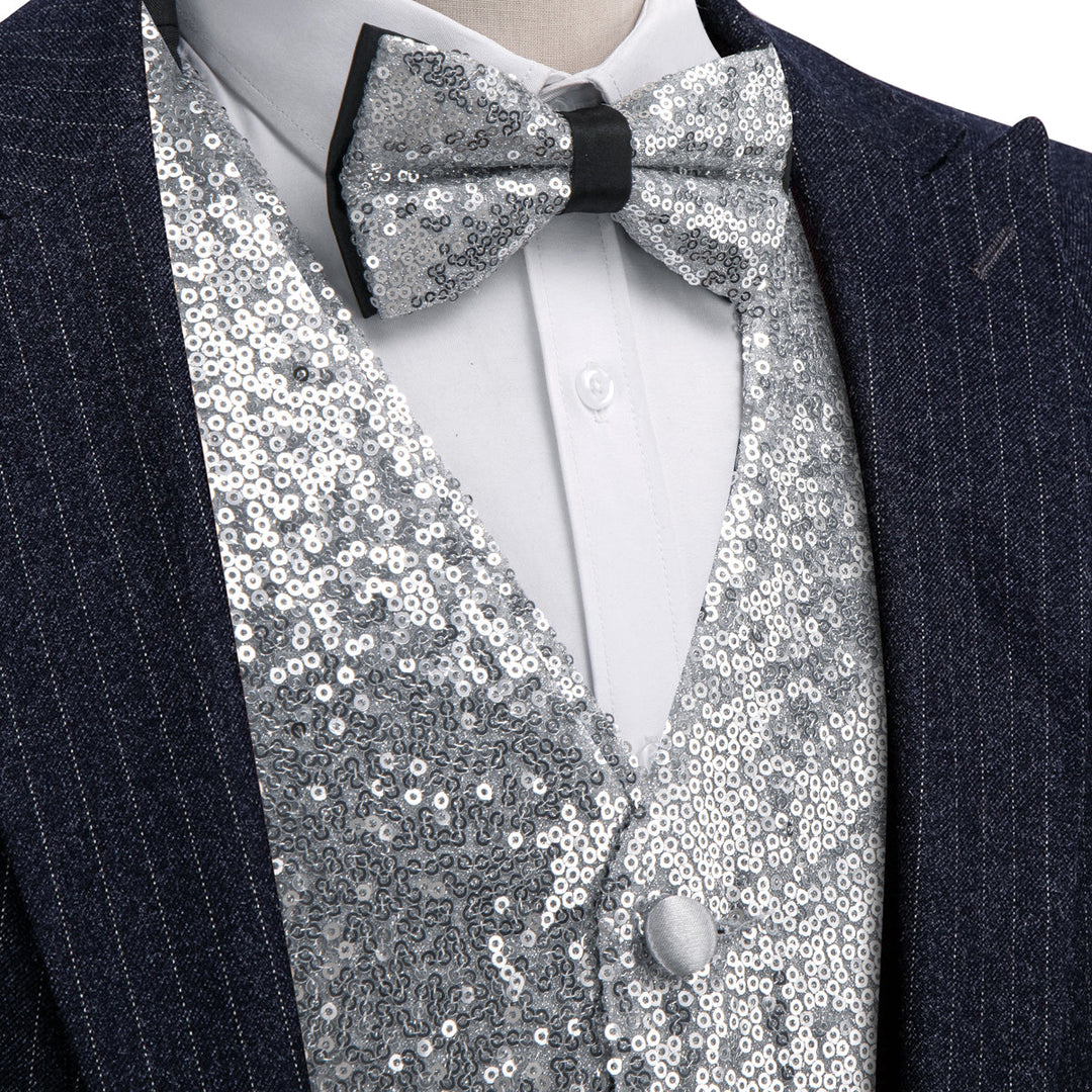Silver Sequins Silk Vest Set vest set S (Chest 41)   - Sophisticated Gentlemen