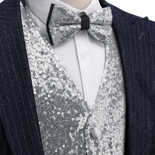 Silver Sequins Silk Vest Set vest set S (Chest 41)   - Sophisticated Gentlemen