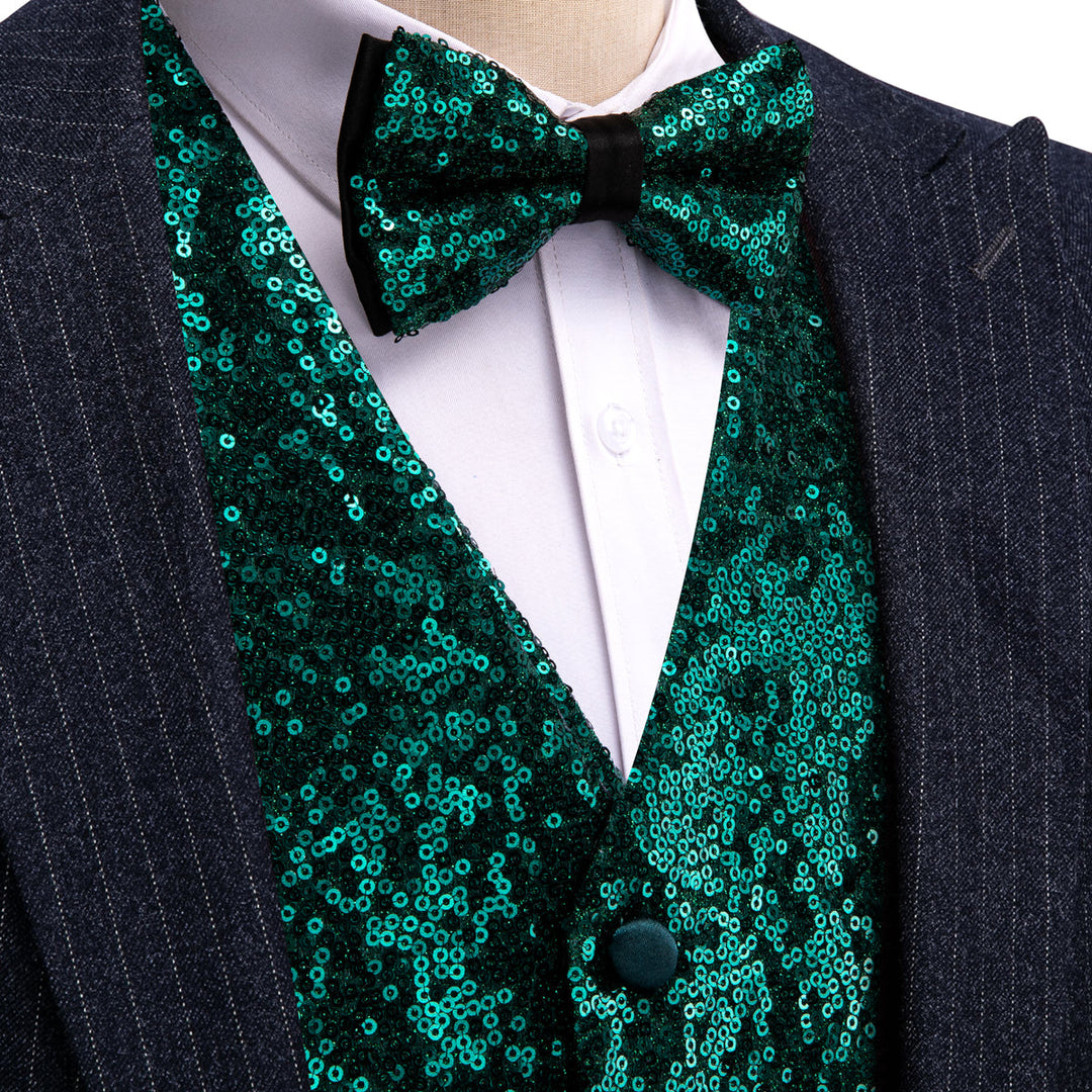 Dark Green Sequins Silk Vest Set vest set S (Chest 41)   - Sophisticated Gentlemen
