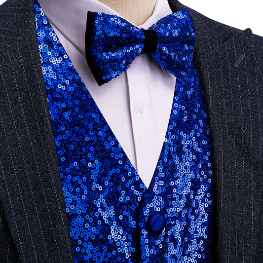 Royal Blue Sequins Silk Vest Set vest set S (Chest 41)   - Sophisticated Gentlemen