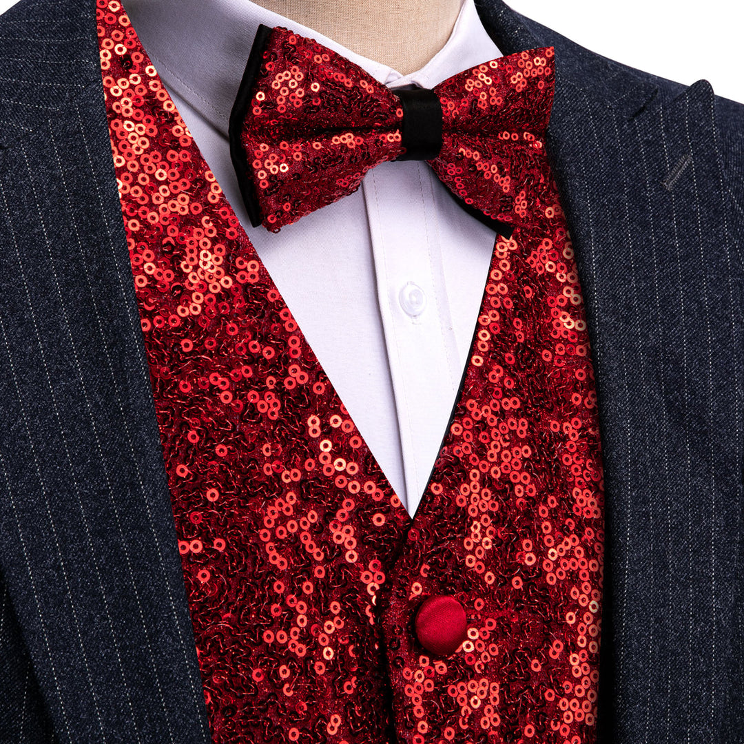 Red Sequins Silk Vest Set vest set S (Chest 41)   - Sophisticated Gentlemen