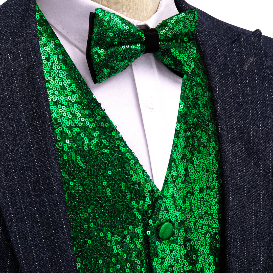 Green Sequins Silk Vest Set vest set S (Chest 41)   - Sophisticated Gentlemen
