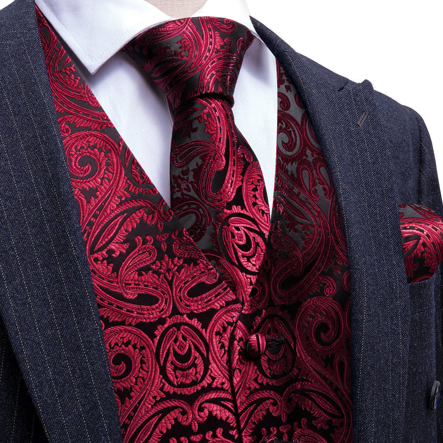 Black and Deep Red Paisley Silk Men's Vest Set vest set S (Chest 40") - Sophisticated Gentlemen